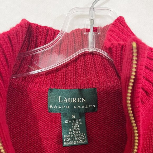 Vintage Lauren Ralph Lauren Red Quarter Zip Pullover Sweater Crest - Size Medium - Picture 4 of 6